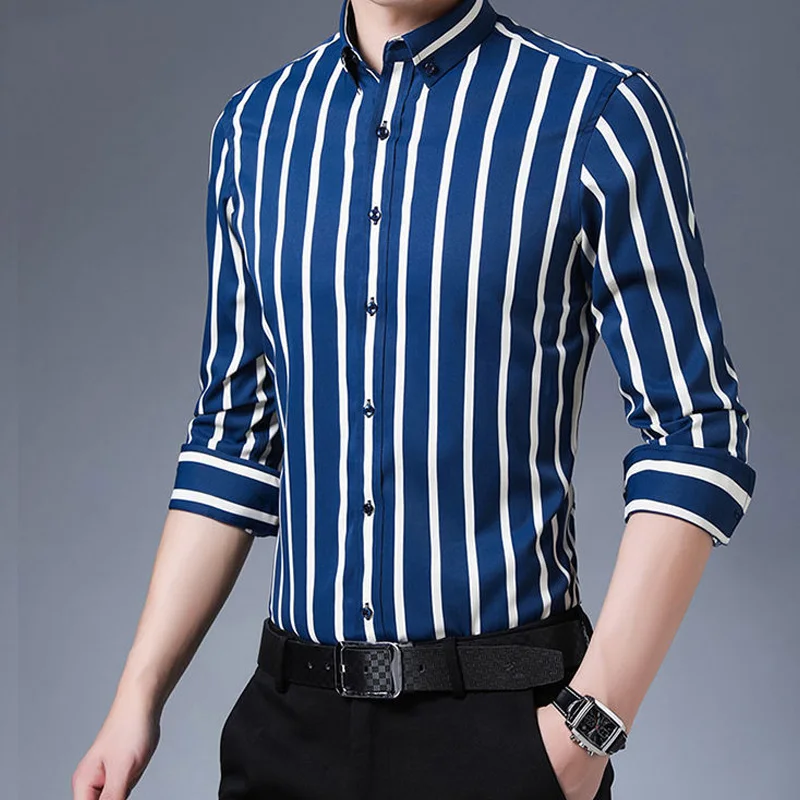 2024 New Spring and Autumn Fashion Trend Korean Edition Slim Fit Flip Collar Stripe Casual Business Long Sleeved Shirt for Men