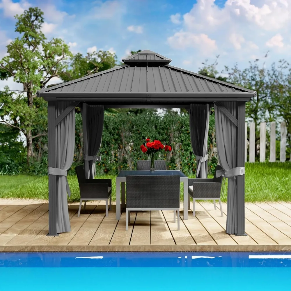 

Caesar 10'x10' Hardtop Gazebo - Permanent Metal Pavilion with Netting and Shaded Curtains for Patio Backyard Deck - Galvanized