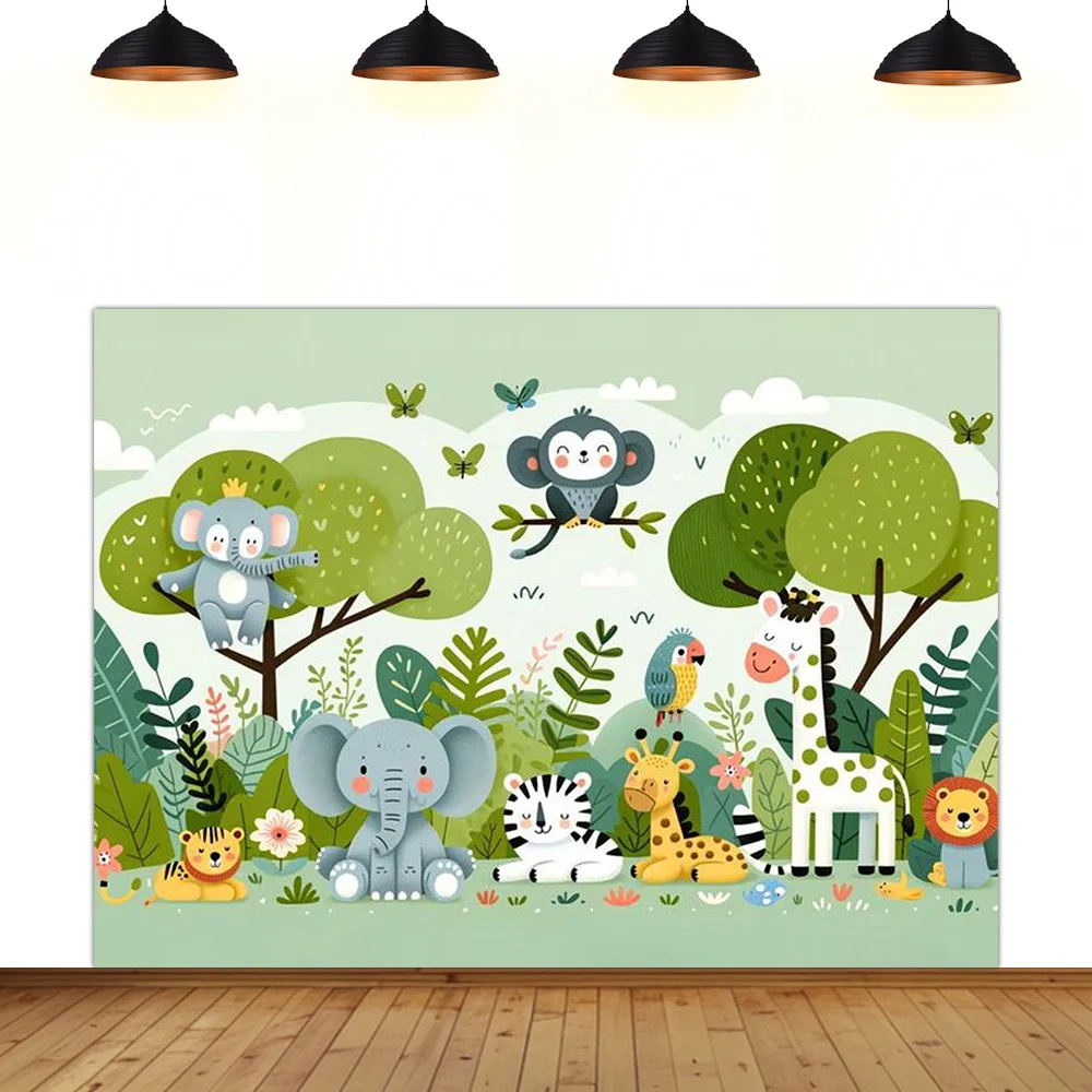 

Animal World theme background birthday party children zoo Room Wall giraffe lion monkey elephant zebra forest tree cute backdrop