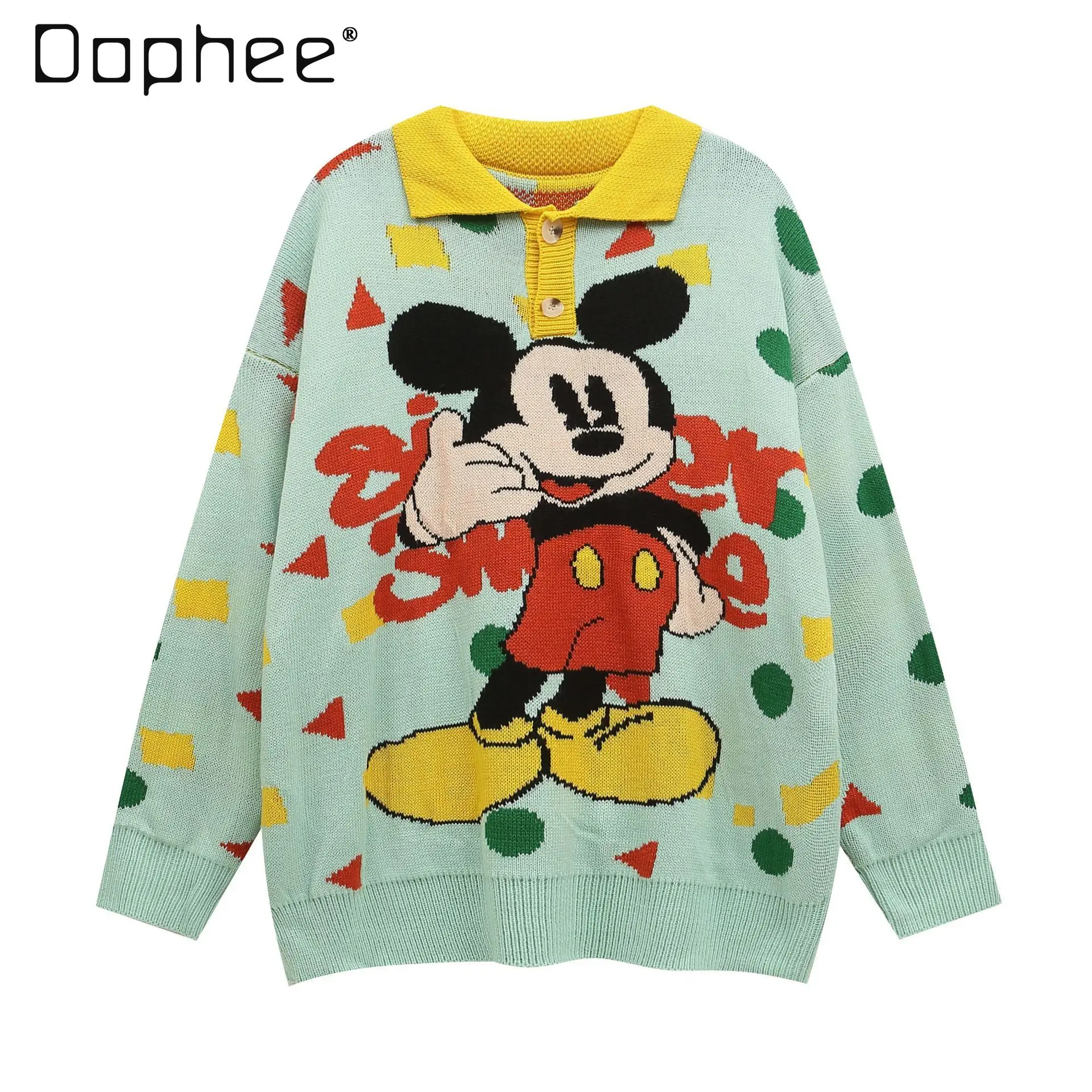 

2024 Fall Winter New Retro Loose Pullover Sweater Women Cartoon Pattern Lapel Long Sleeve Oversized Knitted Top Famale Student