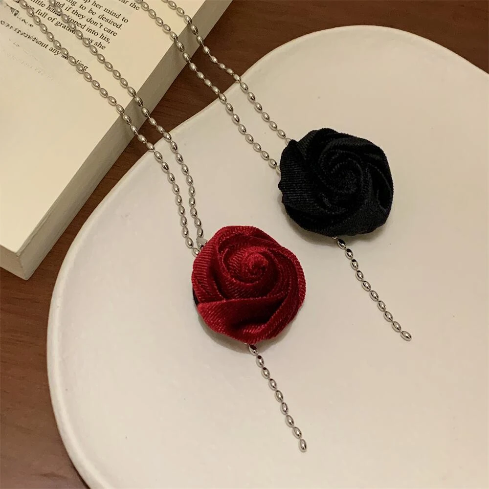 Tassel Metal Chain Plush Rose Flower Necklace with Adjustable Multiple Wearing Methods Sweater Chain for Women