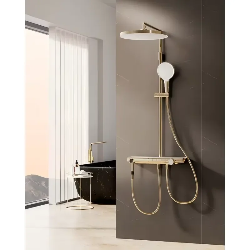 Gold Thermostatic Shower Set Chrome Finish Soft Massage Jet Pause Piano Key Buttons Slide Bar Wall Mount Modern Design Hotel