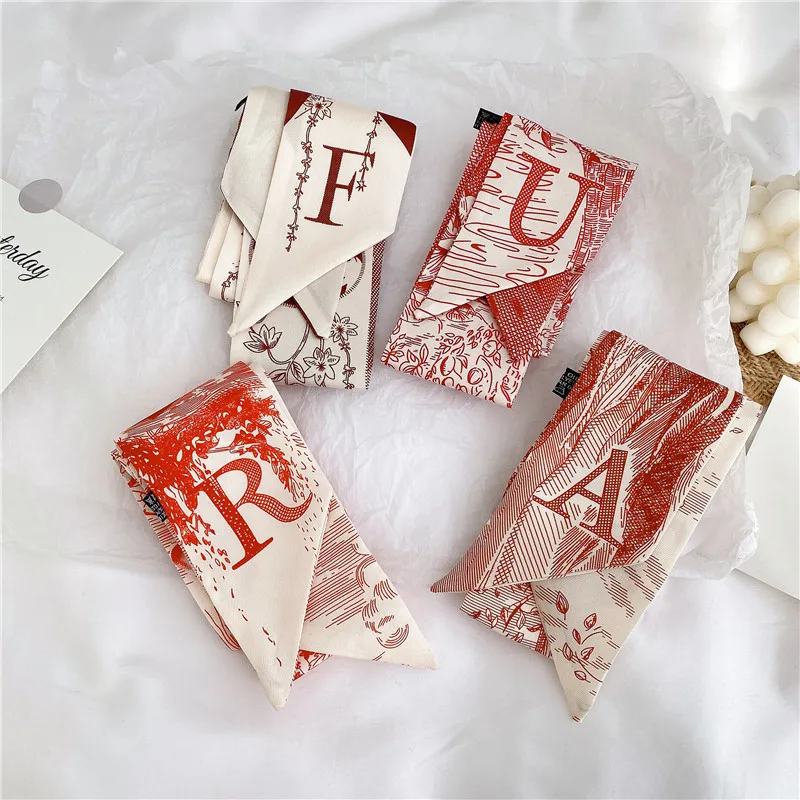 letters Long Bow Hair Scarf Prints Ribbon Hair Tie Bandanas Headbands for Women Girls Ponytail Holder Ladies Hair Accessories