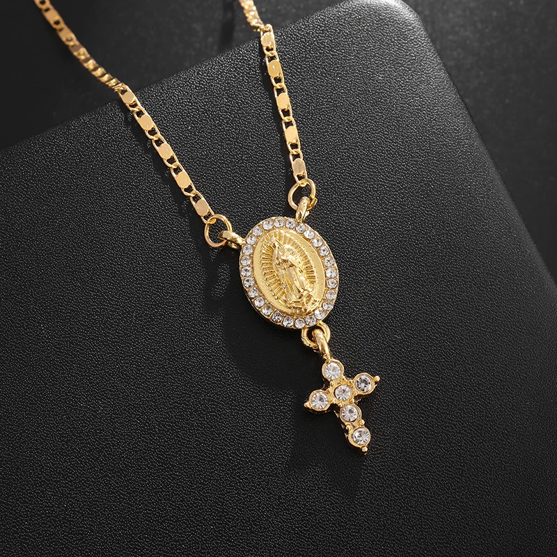 Exquisite Zircon Catholic Virgin Mary Cross-Linked Pendant Necklace Women's Religious Amulet Jewelry