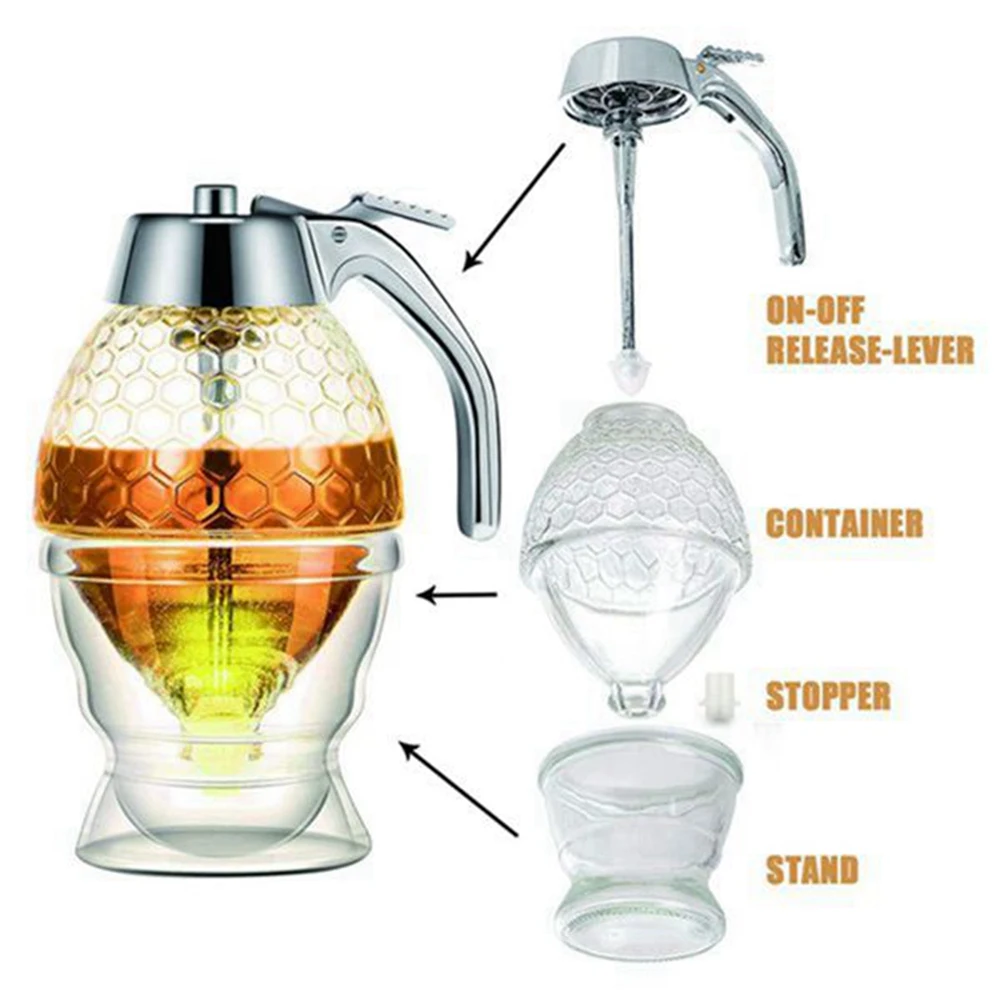 Honey Dispenser, No Drip Syrup Container with Stand, Beautiful Honeycomb Shaped Honey Pot, Syrup Sugar Container, 3 Pack