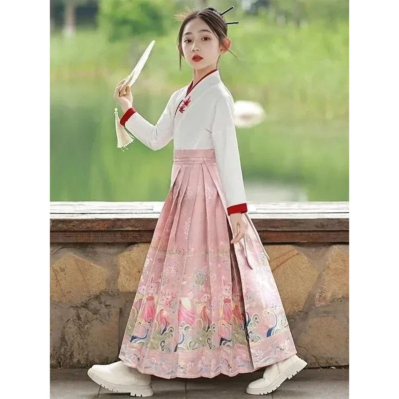 Chinese Traditional Costume Horse Face Skirt for Girls Summer Childrens Ancient Clothing Hanfu Suit National Style Daily Cosplay