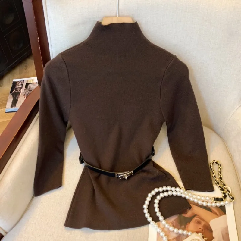 

Облегающий вязаный свитер High Ne, женская внутренняя одежда, коричневая осенняя футболка Sle Seven Sve, топ для поездок на работу, повседневная одежда