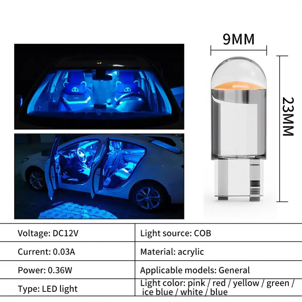 1~8PCS W5W LED CAR Canbus Glass COB 6000k Reading Dome Lamp Marker Wedge License Plate Light Bulb 168 194 192 DC 12V White Blue