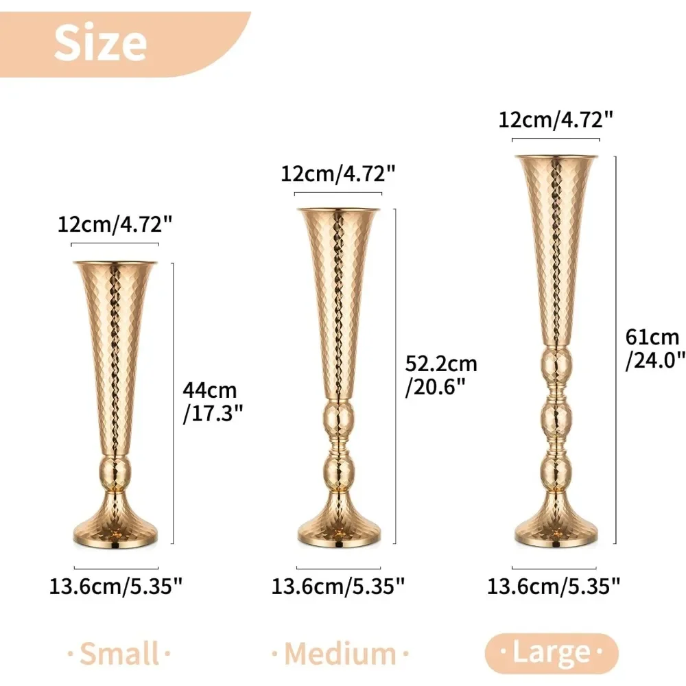 10 pieces of 24 inch high metal trumpet vases, centerpiece for party and dinner events, free delivery for home decoration