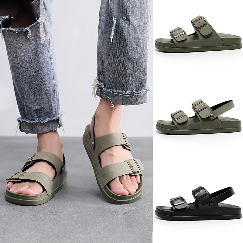 New Summer Men\'s Cork Slippers Suede Leather Mule Clogs Slippers Man Soft Cork Two Buckle Beach Slides Footwear for Men 45