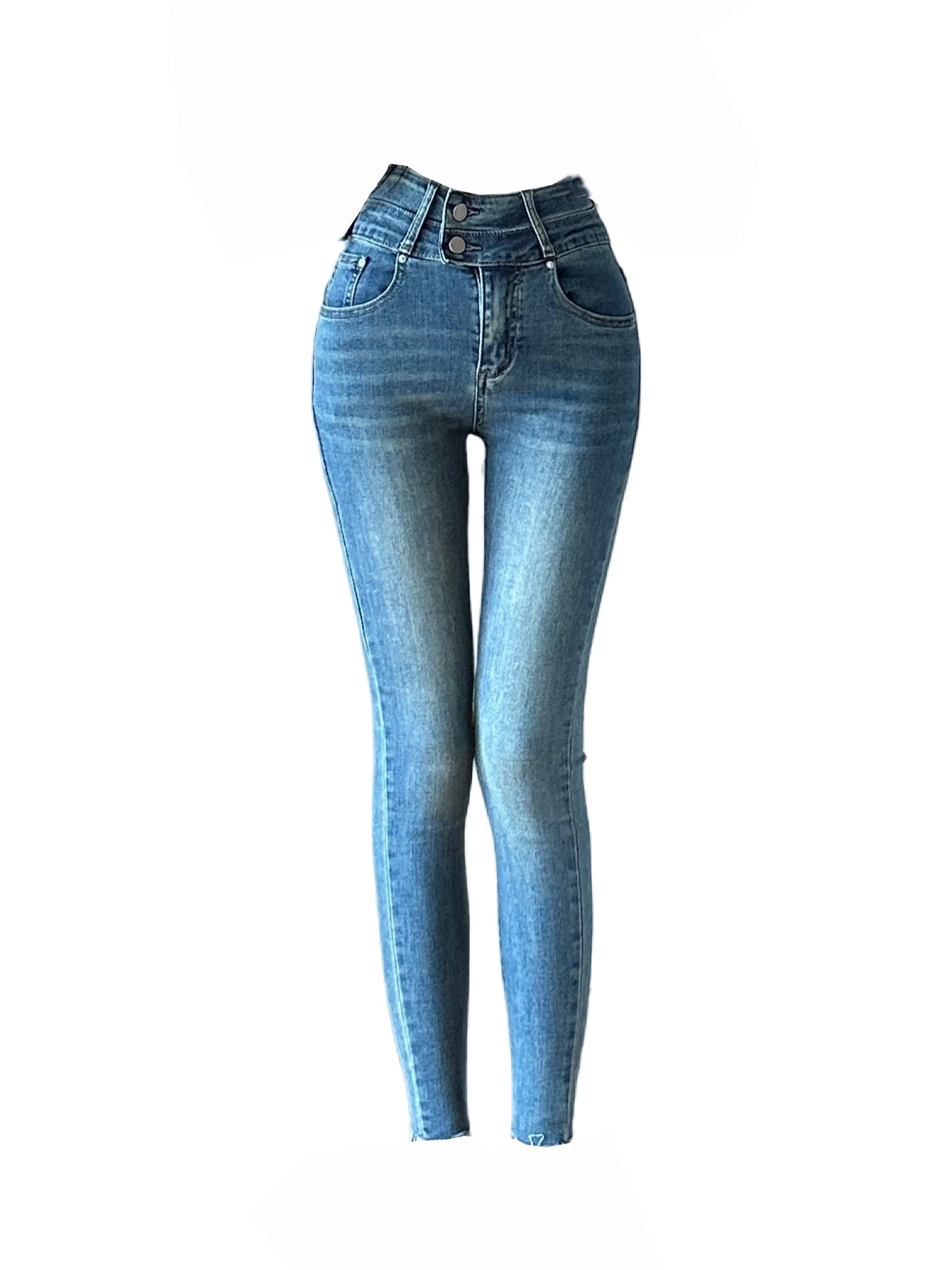 

Slim Fit High Waist Jeans Women's Double Bule Cotton Stretch Denim Pants Korean Sle Butt Lifting Trousers for Teenage Girls