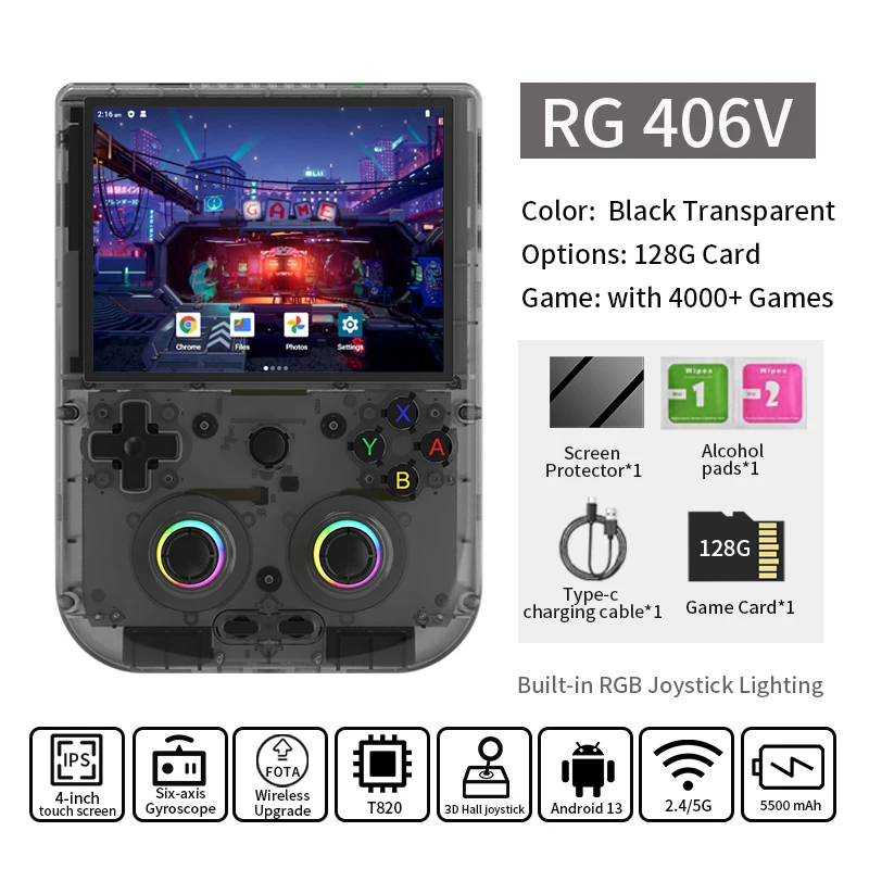 ANBERNIC RG406V Retro Handheld Game Console 4 "IPS Multi-touchscreen Android 3D Hall Joystick 5500mAh Video Player 1080p DP Out