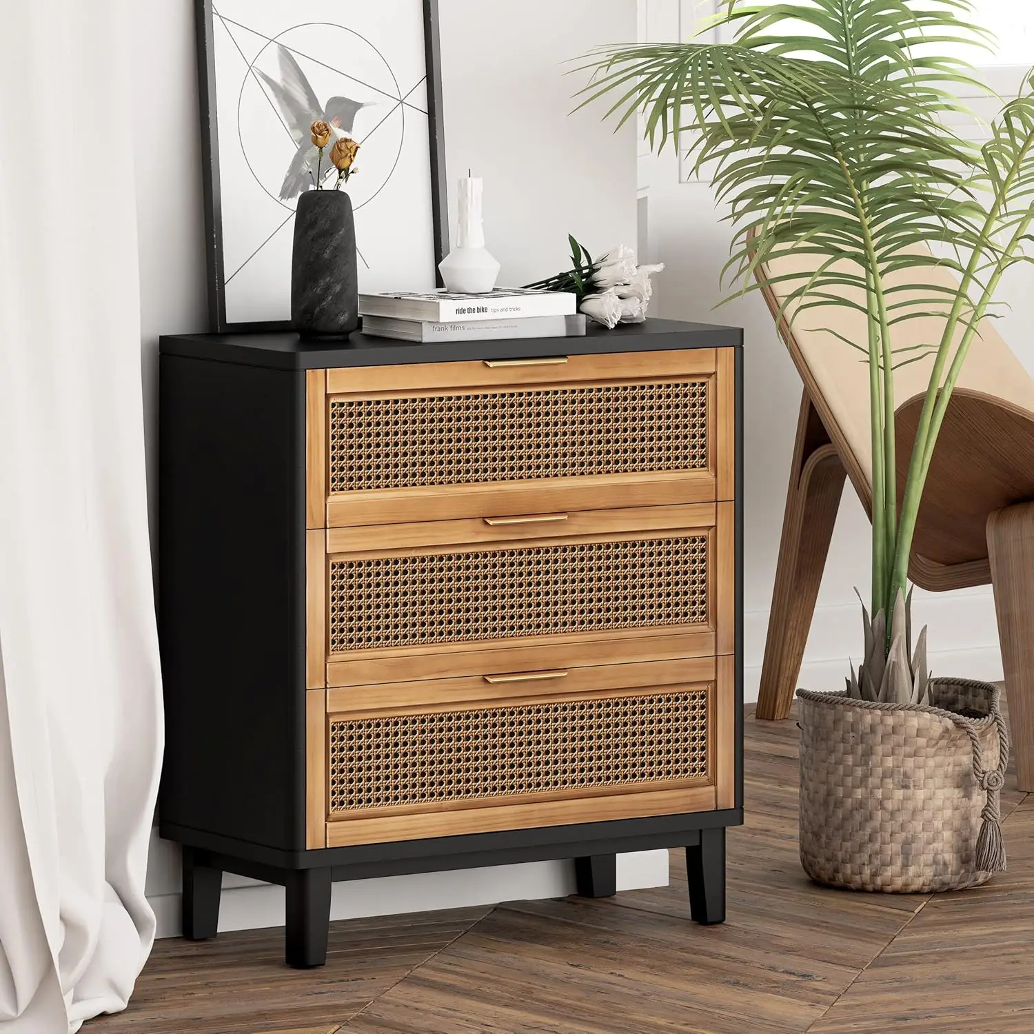 Farmhouse 3 Drawer Nightstand Woven Cane Front Accent Dresser with Brass Pull Fully-Assembled Black Get right into styling