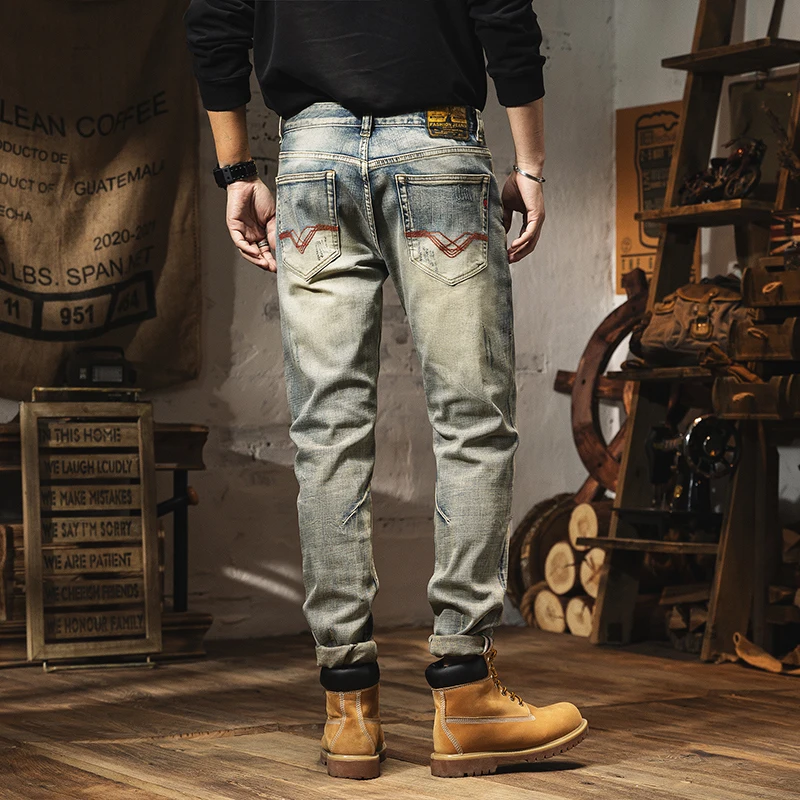 2024 New distressed vintage jeans for men with distressed patches washed youth straight leg personalized beggar pants