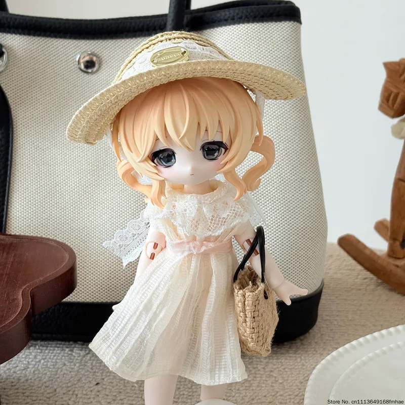 Lace Dress Set for Bunny Dream Box BJD, OB24 17cm Clothes with Straw Hat Bag Shoes, Cosplay Outfit (Doll Not Included) - view 4