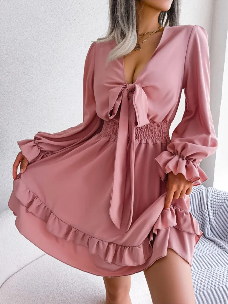 

Women 2024 Spring Summer Casual Flare Sleeves Sexy Lace Up Deep V Waist Wrapped Wooden Ear Edge Long Sleeve Large Swing Dress
