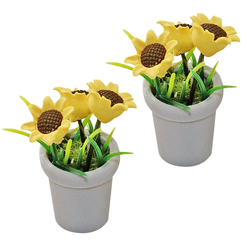 2 Pcs House Potted Plant Bouquet Mini Garden Faux Plants for Indoors Tiny Bonsai Decor Miniature Sunflower Decorations