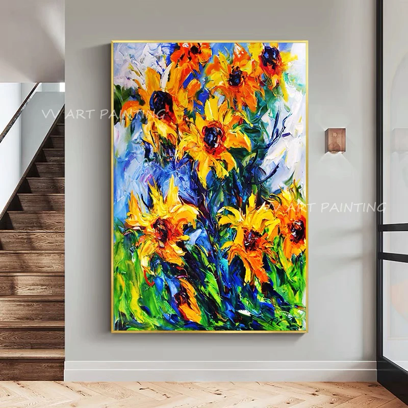 

Sunflower thick landscape knife large size artwork 100% handmade abstract Oil Paintings For Living Room Office Hotel Decoration
