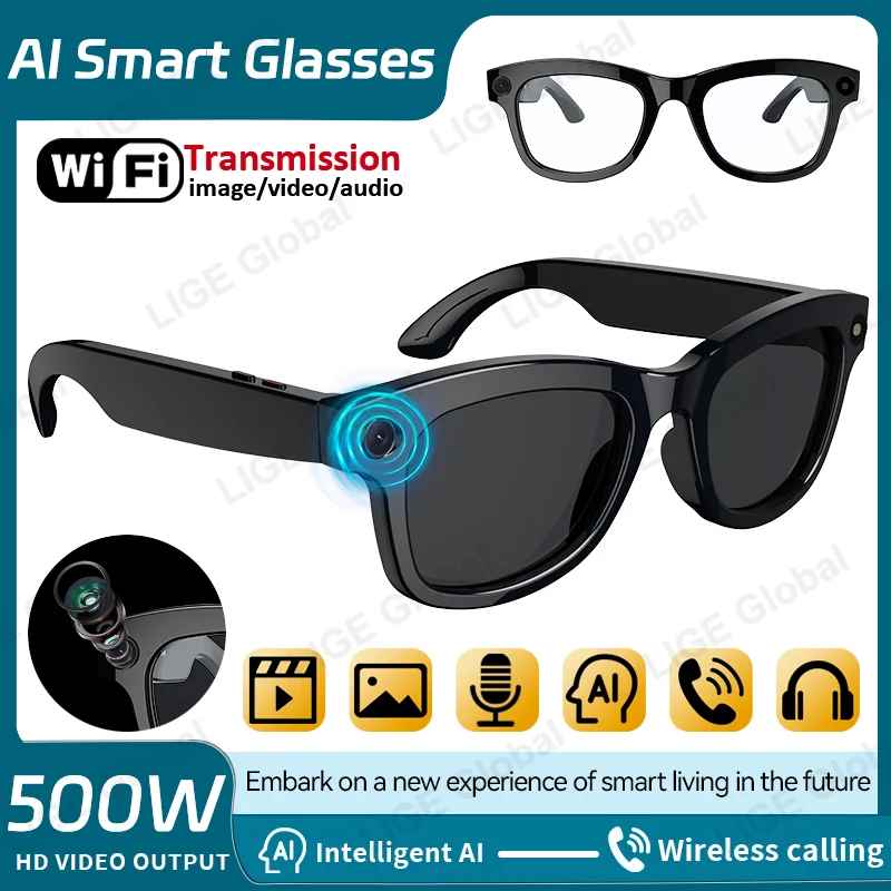 

LIGE Smart AI Glasses 500W Pixel Shooting Camera HD Photo Video Voice Call Translation Waterproof Bluetooth Chat Sunglasses New