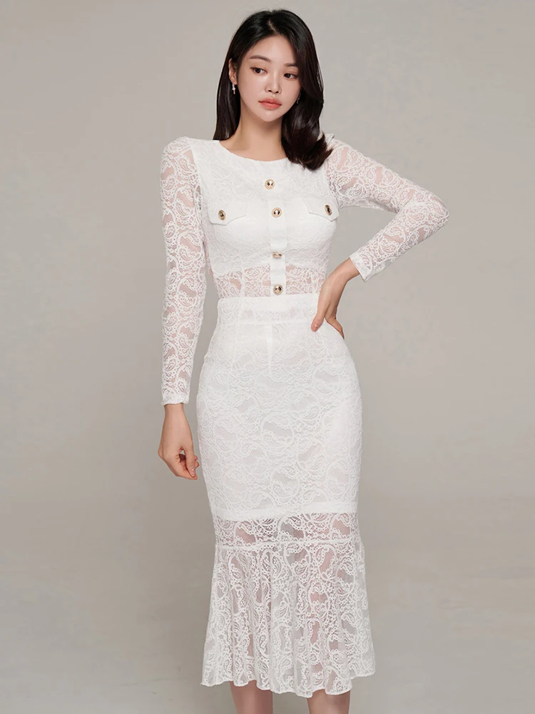 ملابس حريمي 2 قطعة الزي أنيقة السيدات الأبيض الدانتيل بلوزات مستديرة العنق قميص بلوزة وارتفاع الخصر ميدي ذيل السمكة تنورة Mujer مجموعة جديدة