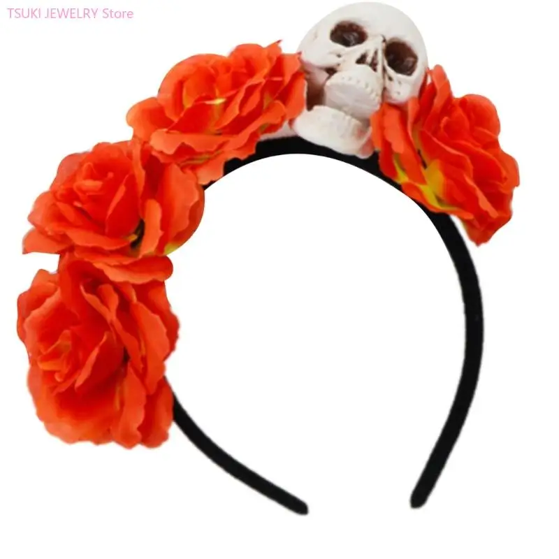 62KE Halloween-Schädel-Blumen-Stirnbänder, Gothic-Party-Haar-Accessoire für Damen, Herren, Kinder