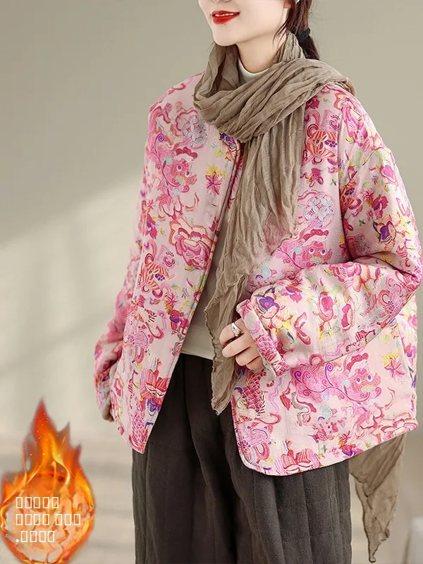 

Хлопковая шуба в стиле ретро с цветочным принтом, женское круглое Ne Casual Sle Thien Long Sve, теплое и модное китайское эти...