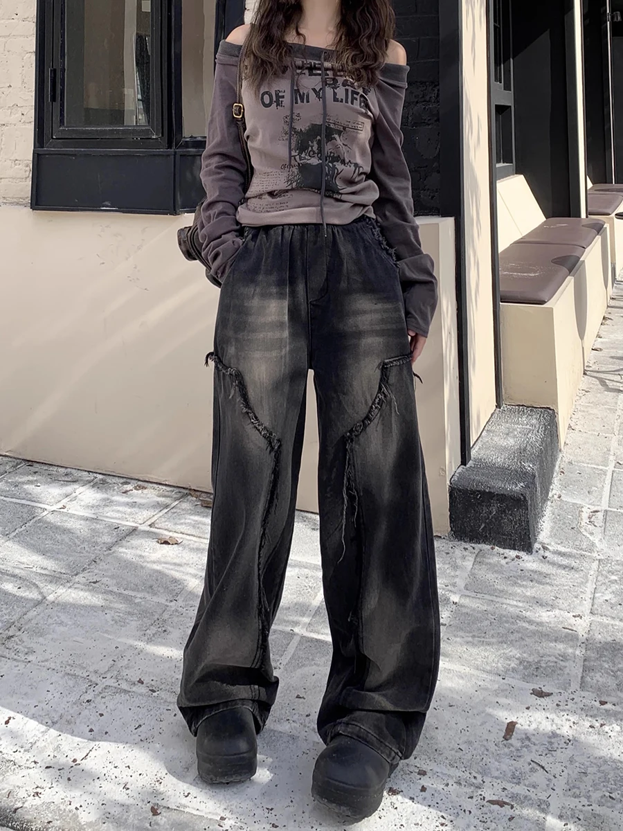 RORORIRI Patchwork Raw Edge Women Baggy Jeans Retro Black Whiskers Elastic Waist Wide Leg Casual Pants Hiphop Grunge Streetwear