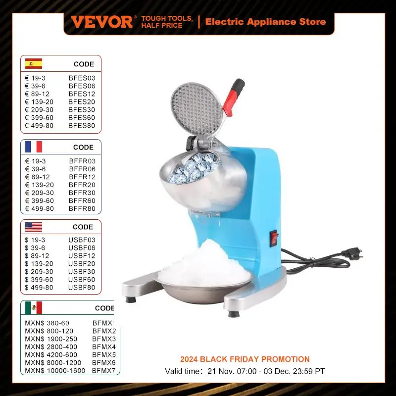 VEVOR Ice Crushers Machine Electric Snow Cone Maker with 4 Blades Stainless Steel Shaved Ice Machine 300W Ice Shaver Machine