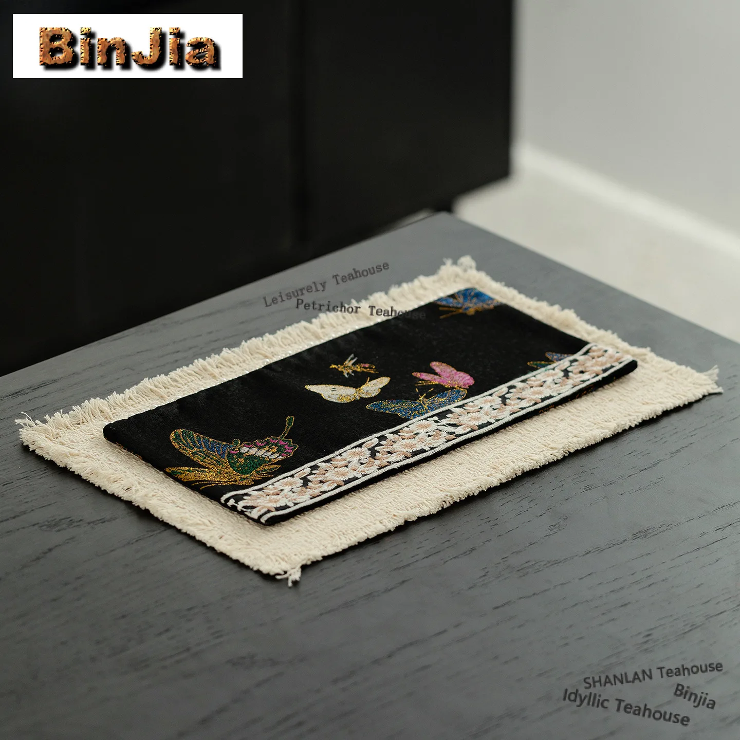 Fabric Embroidered Butterfly Tea Table Mats Japanese Drink Coaster Dinner Table Cloth Mat Chinese Tea Set Supplies Collection