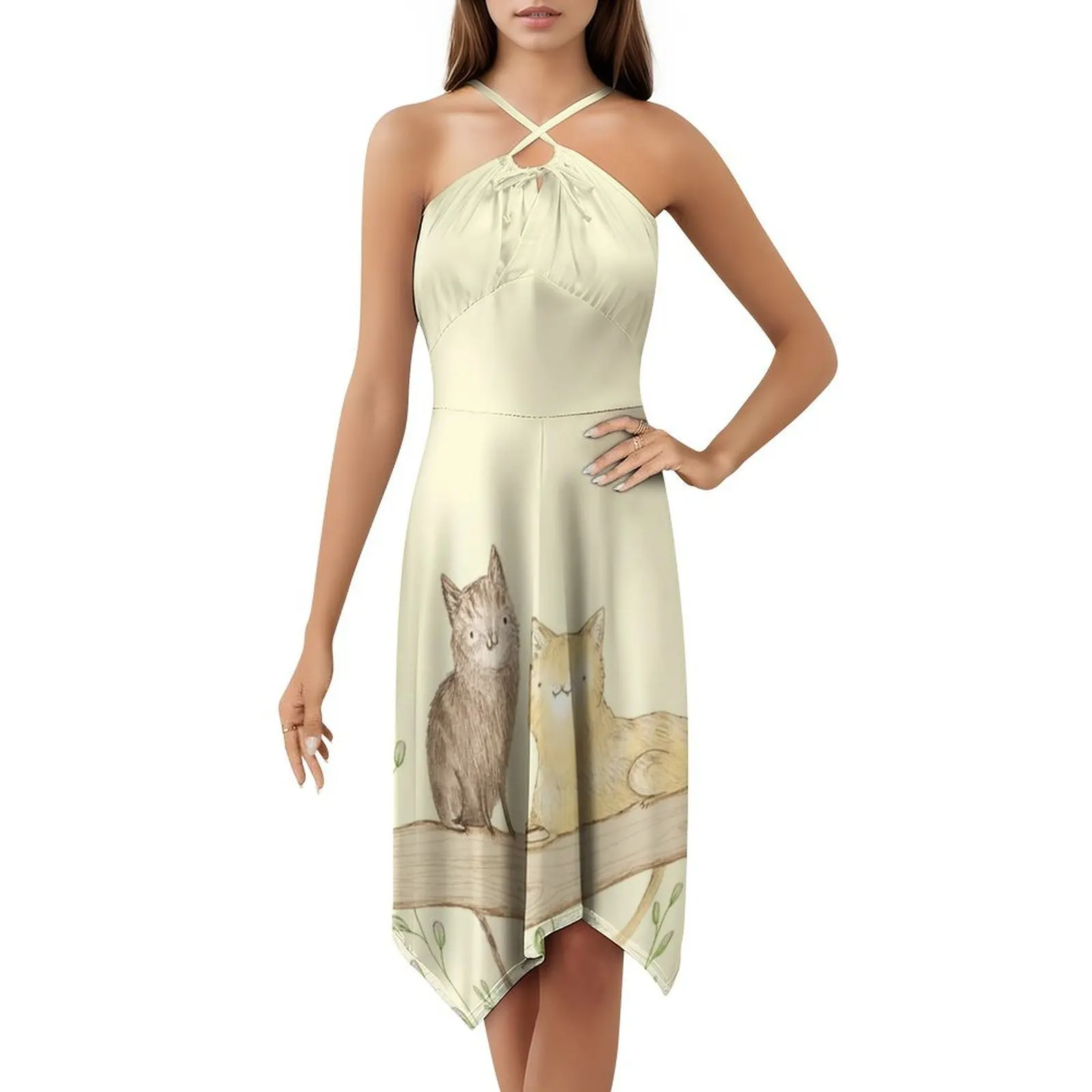 القطط على السياج المرأة الهيب هوب الشارع الشهير فستان الجرافيك طباعة ملابس للنادي القطط سياج على السياج لطيف البسيط المرأة