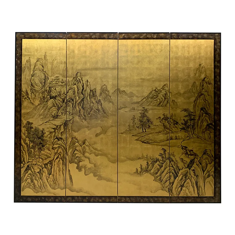 Foldable mobile solid wood screen, hand-painted meticulous landscape lacquer painting living room partition