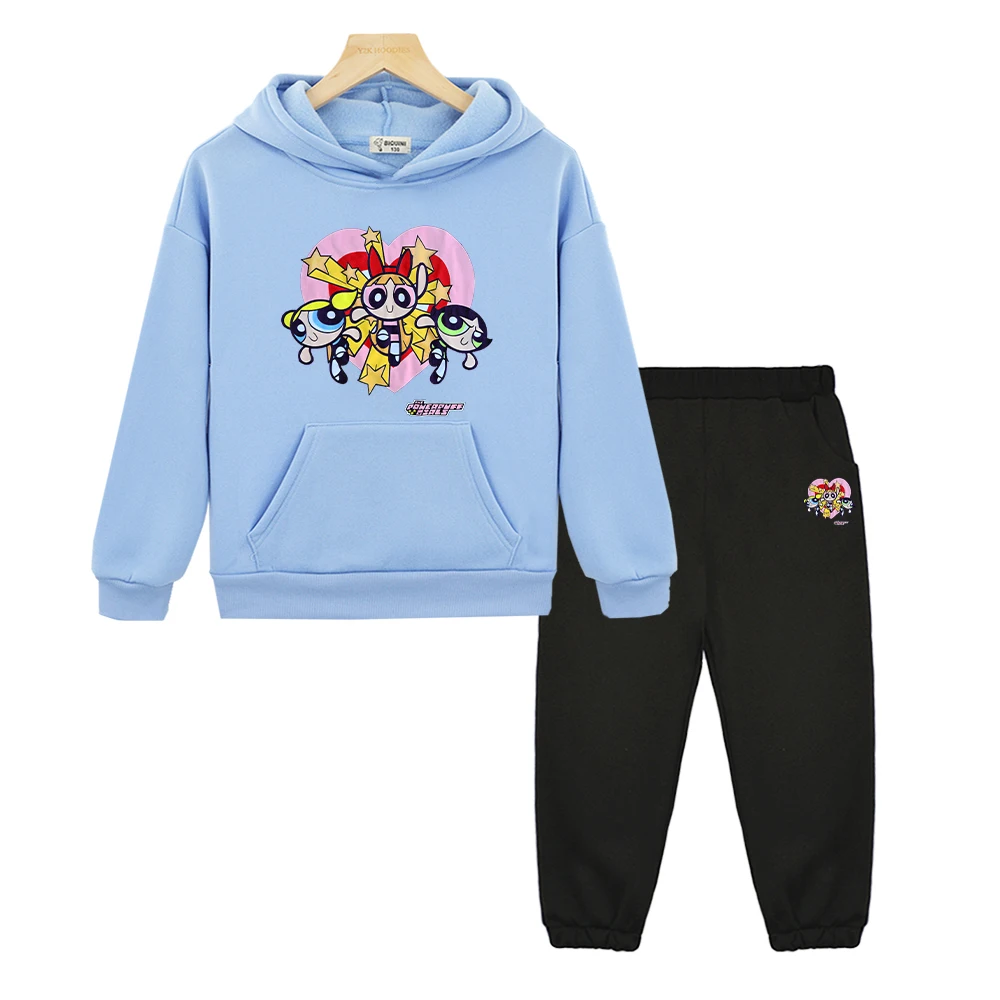 

powerpuff girls 2pcs pullover+pants Sport Hooded Sets anime hoodie Fleece sweatshirt children clothes girl outfit boy clothing