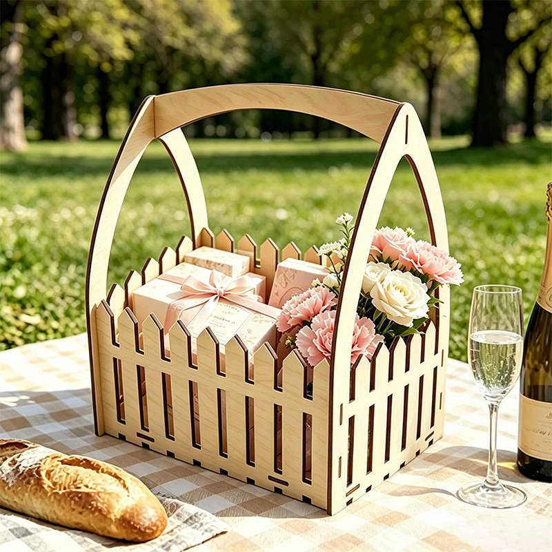 Rustic Style Flower Baskets Wooden Pointed Stake Fence Basket with Handle Portable Outdoor Wedding Decorations Floral Display