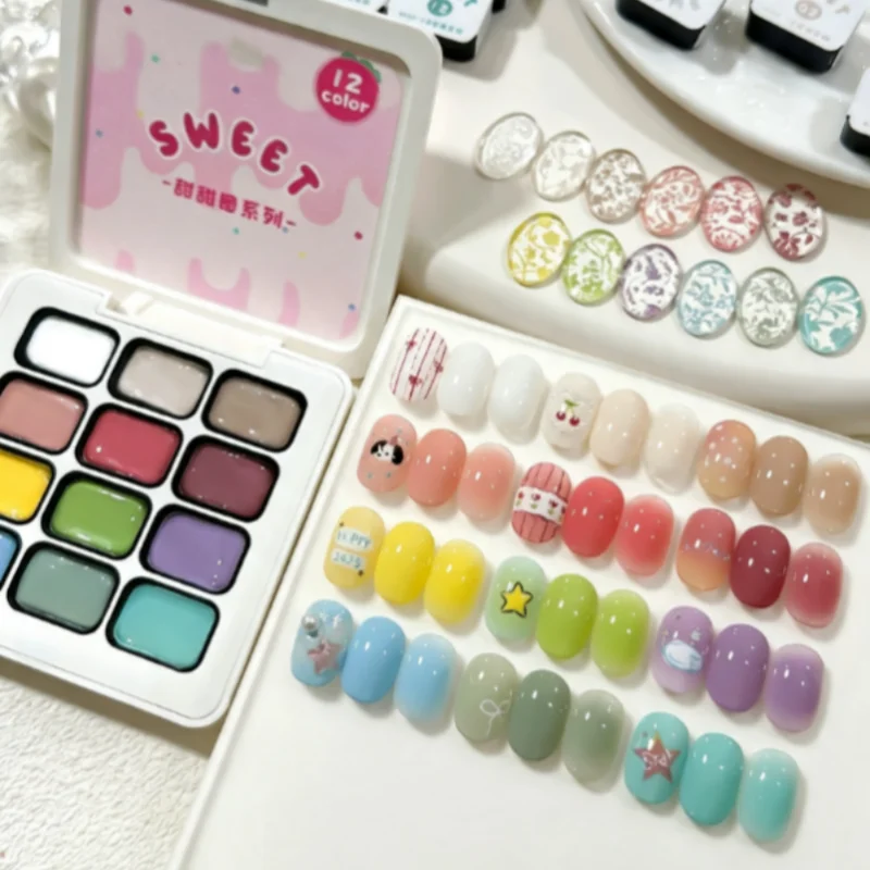12-Color Cute and Sweet Macaron Candy Solid Gradient Nail Polish Palette, UV Nail Gel, DIY Nail Art Charm