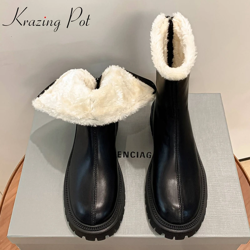 

Krazing Pot Plush Sheep Leather Round Toe Med Heels Snow Boots Keep Warm Platform Winter Shoes Rage Fur Simple Style Ankle Boots