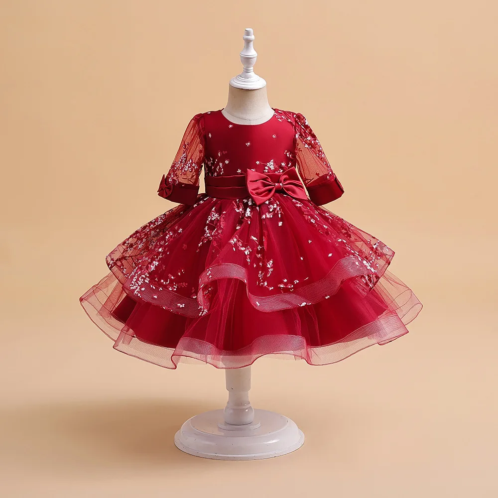 Tulle Princess Dresses for Elegant Girl Party Evening Dress for Girls Long Sleeve Kids' Red Clothes From 1 to 6 Years