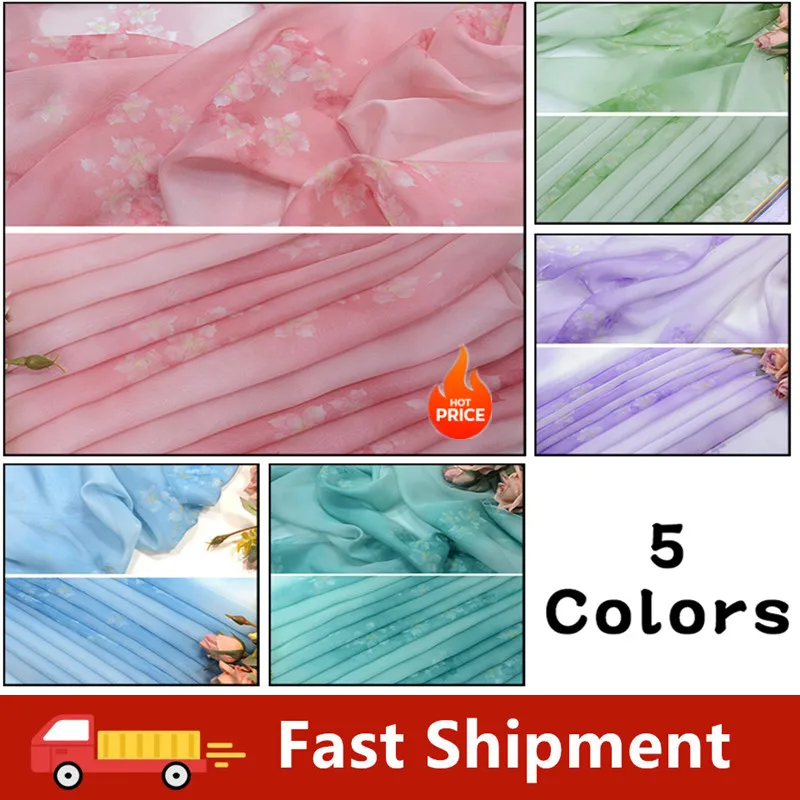 

100x140cm Chinese Style Gradient Chiffon Fabric By The Meter For Cheongsam Hanfu Sewing Thin Printed Bamboo Pattern Cloth Soft