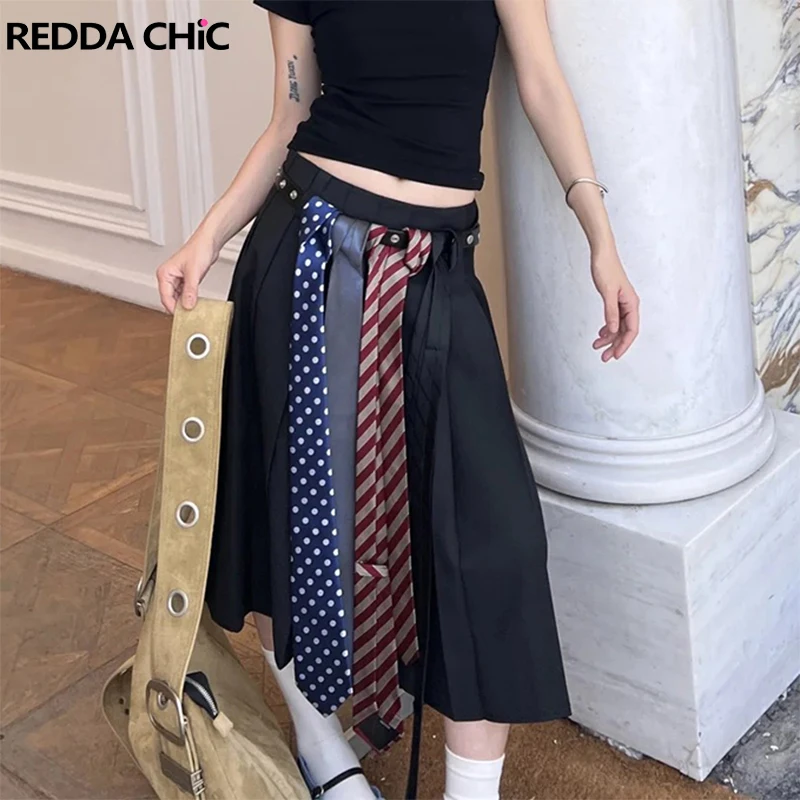 

ReddaChic Black Pleated Skirts Women High Waist A Line Midi Skirt Ties Neckties Decor Kits without Leather Belt School Fashion
