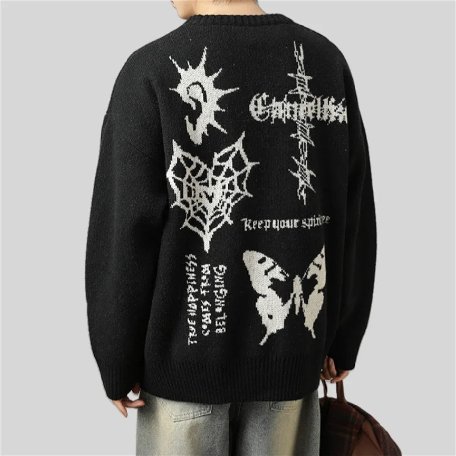 Heart Spider Web Sweater Men Retro Cross Knitted Letter Jumpers Winter Streetwear Hip Hop Harajuku Men Butterfly Black Sweaters