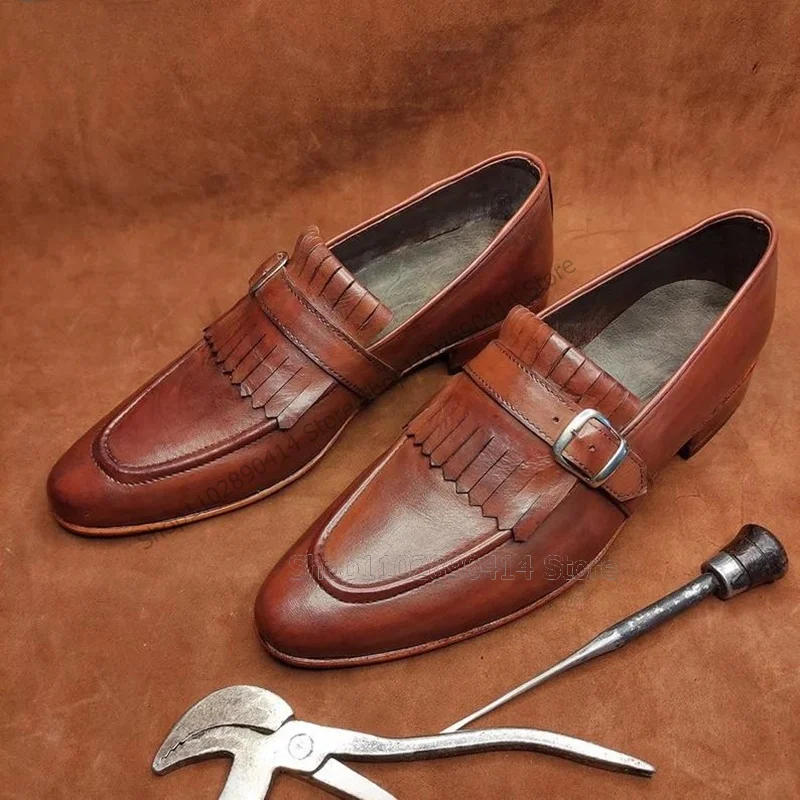 

Brown Tassels Buckle Decor Sewing Design Loafers Fashion Slip On Men Shoes Luxury Handmade Party Banquet Office Men Dress Shoes