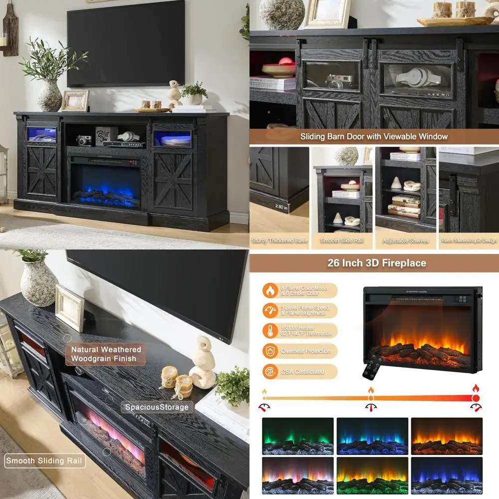 Centro de entretenimiento con chimenea eléctrica para televisores de 80 pulgadas, mesa consola de TV LED estilo granja de 32 altos