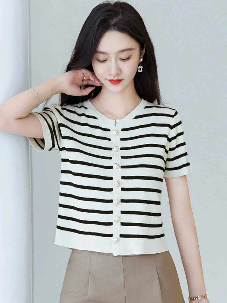 

Легкий вязаный кардиган из ледяного шелка ort Sve Open, женская модная летняя винтажная полосатая футболка прямого кроя для поездок на работу...