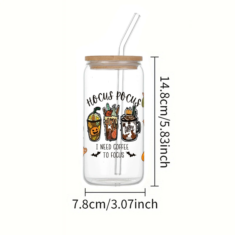 1pc Halloween Elements Printed Glass Cup With Bamboo Lid&Straw Transparent Heat-Resistant Juice Coffee Glass Can Halloween Gifts