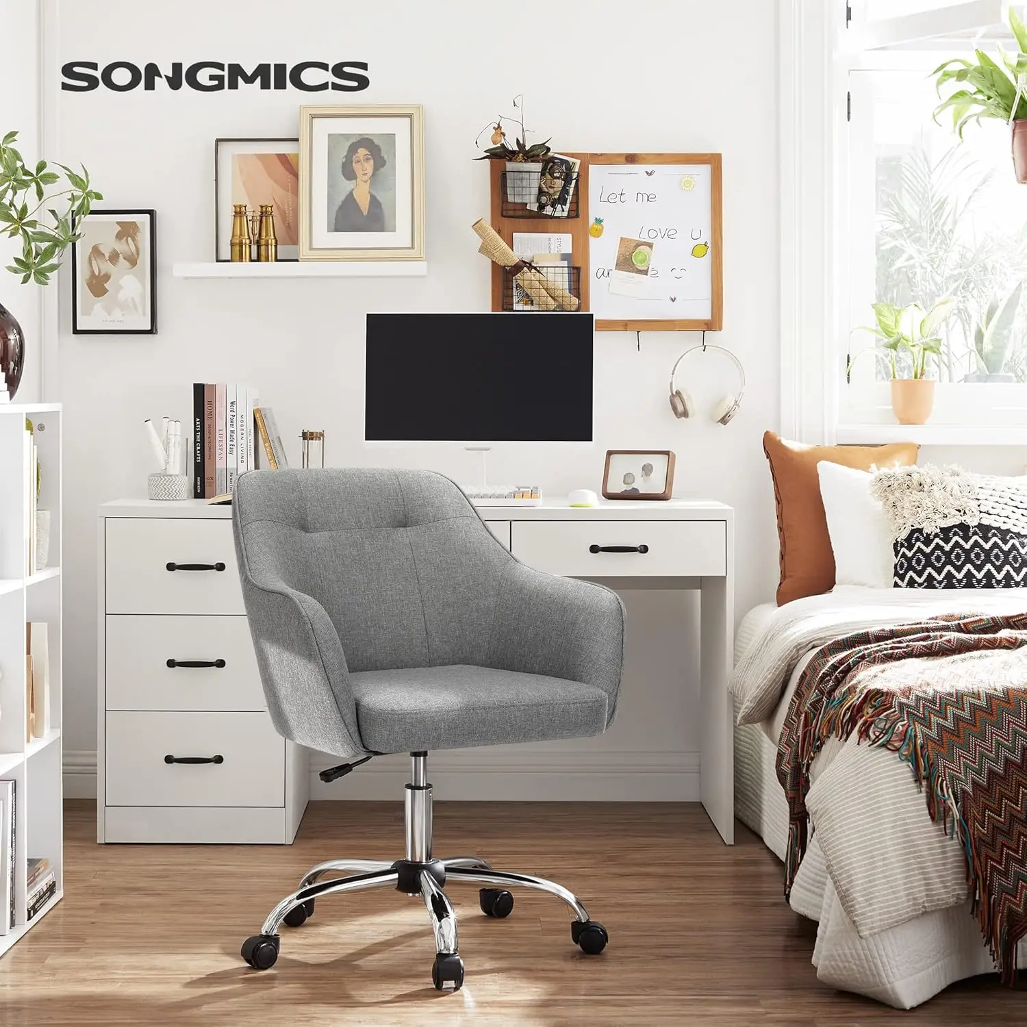 SONGMICS Office Chair, Swivel Chair, Makeup Vanity Chair, Adjustable Height, Armrests, Cotton-Linen Fabric