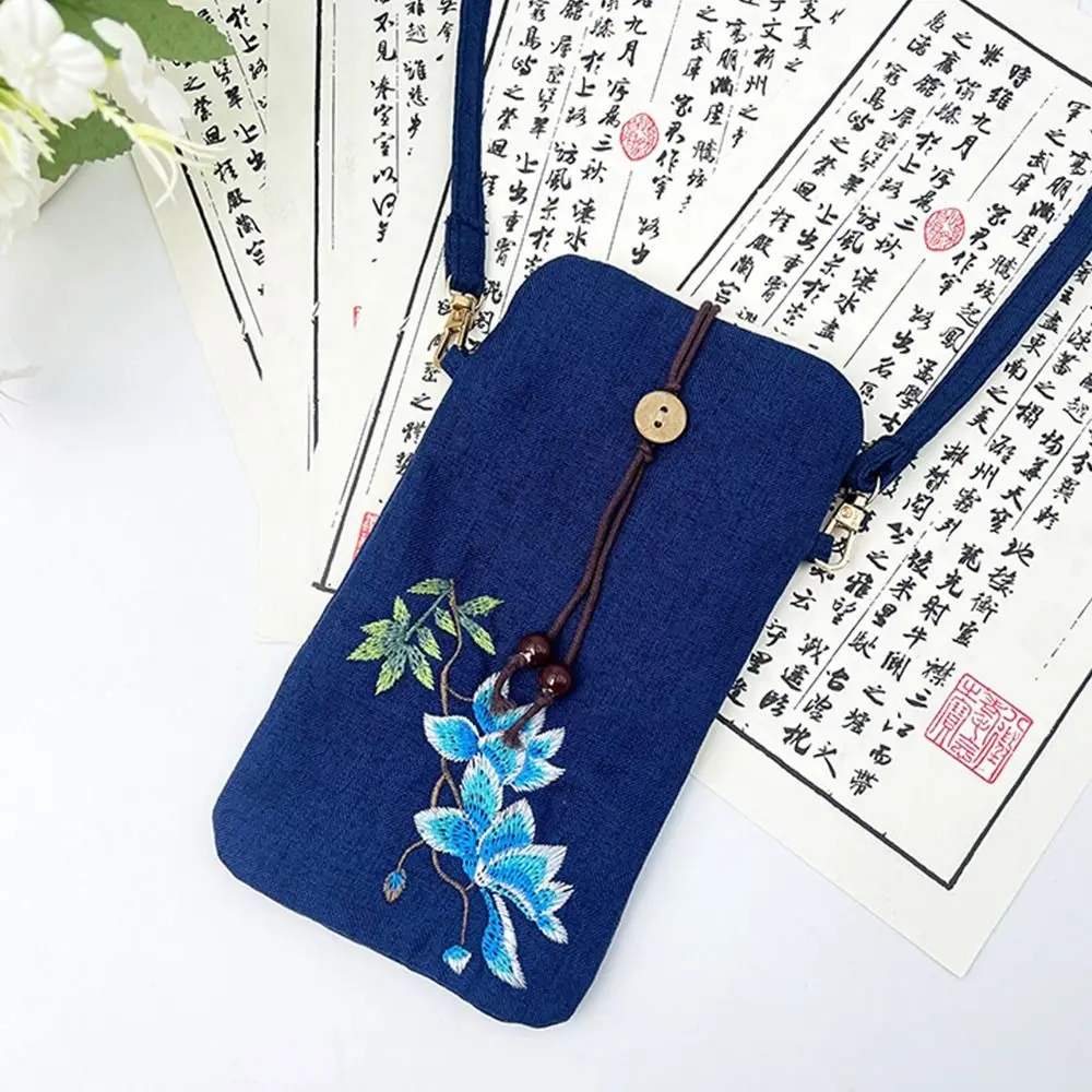 Bolso para teléfono bordado de estilo antiguo, bolso de lino y algodón, bolso cruzado versátil, bolso de hombro con flores de estilo chino para niñas