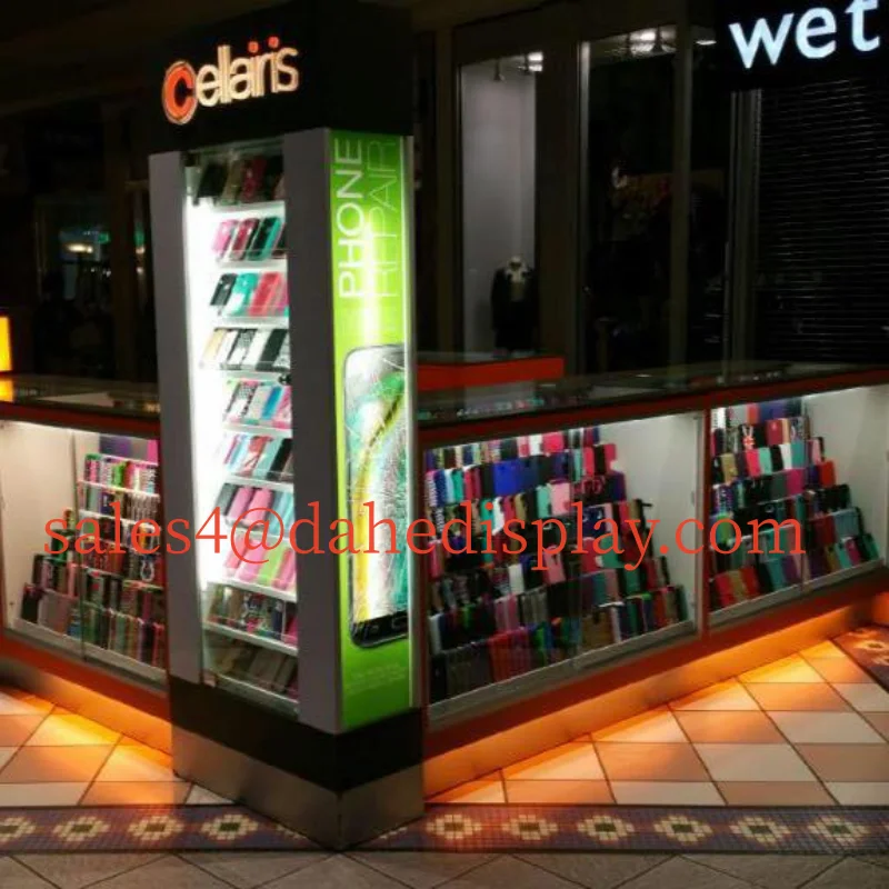 custom.Customized Cellphone Store Glass Display Cabinet with Light Phone Display Showcase Cell Phone Accessories and Repair 5