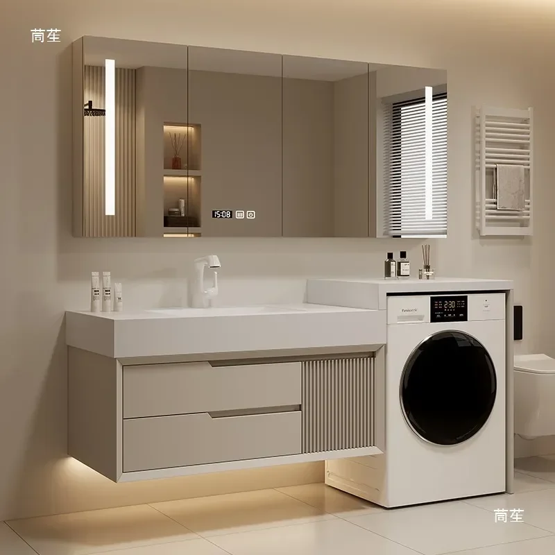 Oak Bathroom Cabinet with Integrated Washing Machine Space Combined Washbasin Unit Rock Slab Seamless Ceramic Basin Hot