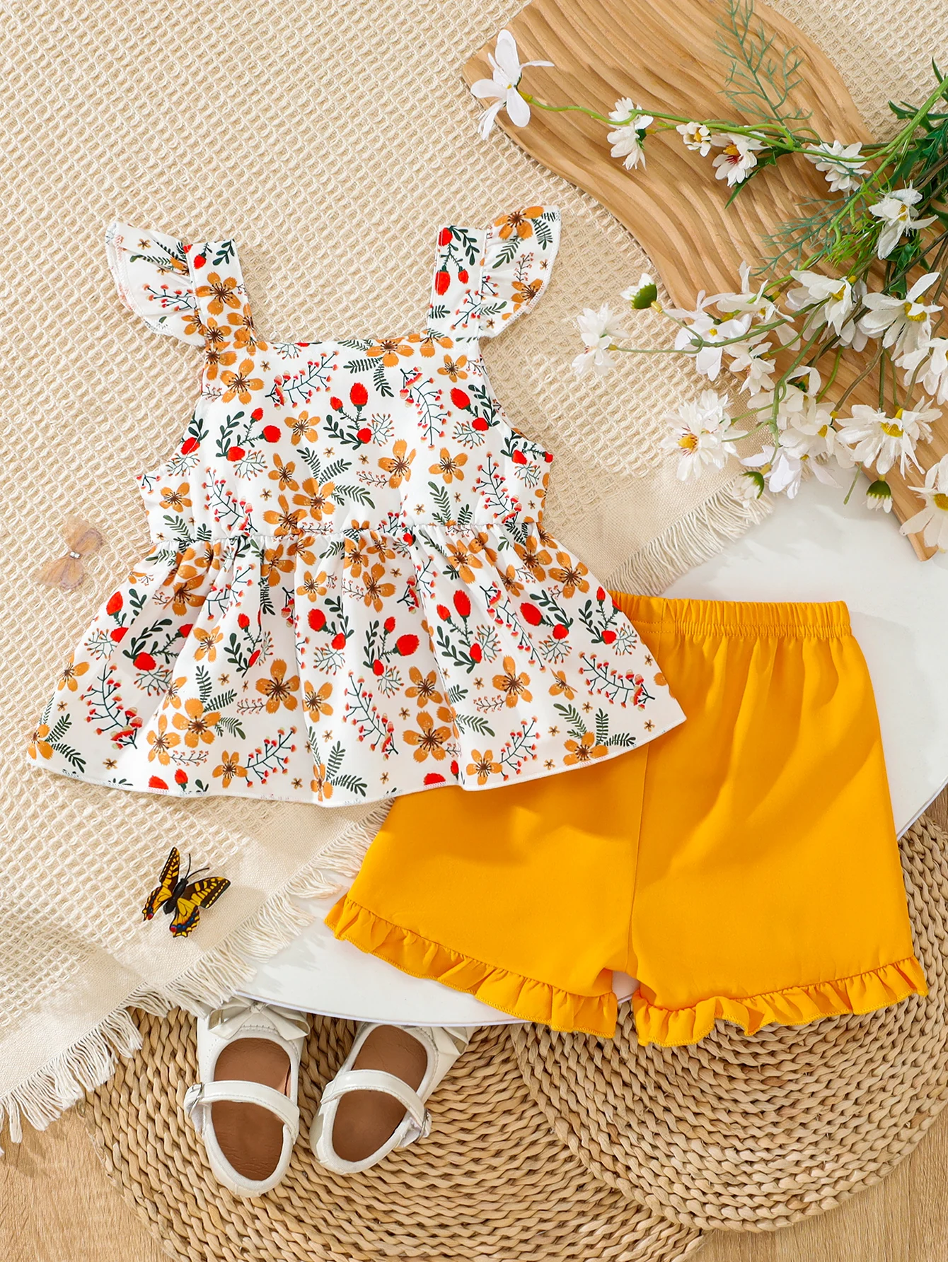 2026 Baby Girl Floral Ruffle Fly-Sleeve Bow Cami & Yellow Ruffle Shorts 2pc Set (0-4Y): Soft Fabric, Easy Wear, Home & Outdoor