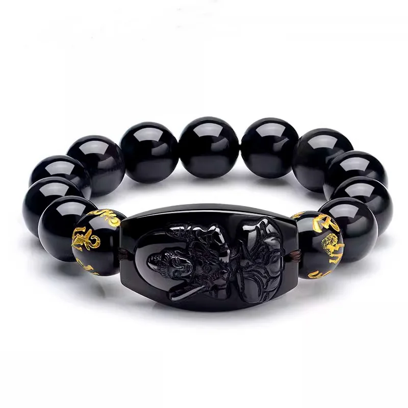 

Natural Obsidian Zodiac Guardian Buddha Bracelet Black Agate Beaded Bracelet for Men and Women Gifts