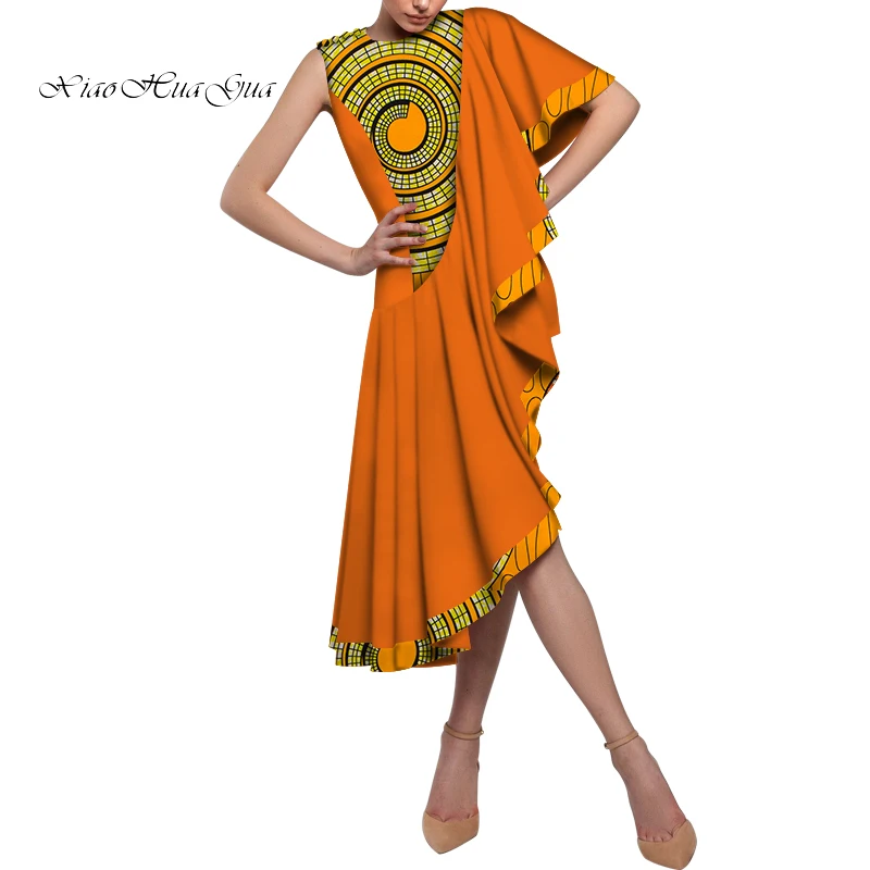 

New African Print Dresses for Women Bazin Riche Cotton Ankara Draped Knee-length Dresses African Women Clothing Party WY5641